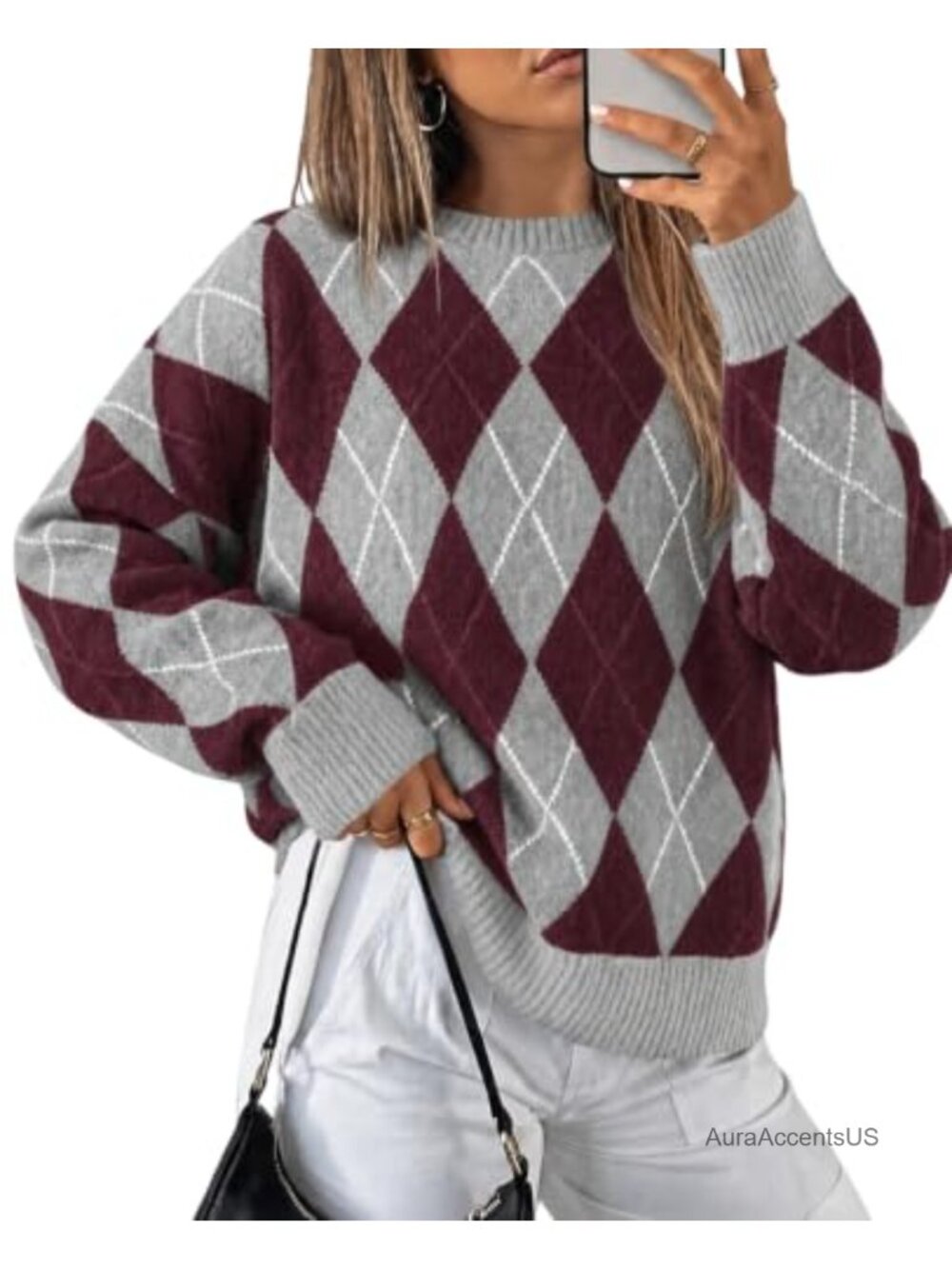Oversized Argyle Plaid Knit Pullover Sweater Long Sleeve Lightweight